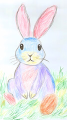 Obraz premium A cute, easy drawing of a rabbit for kids, with a round face, big floppy ears, and a tiny nose. The rabbit has simple oval eyes and a happy smile, sitting with small paws and a fluffy tail.