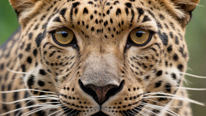 Obraz premium Close-up portrait of a leopard with intense yellow eyes staring directly at the camera.