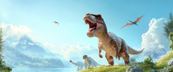 3D rendered dinosaurs in a prehistoric landscape with mountains