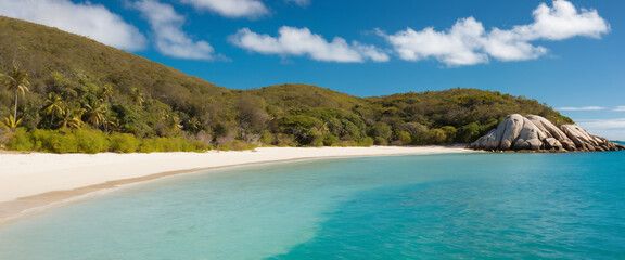 A serene and idyllic tropical paradise, Great Keppel Island, Queensland, Australia, features a stunning white sandy beach lined with swaying palm trees.