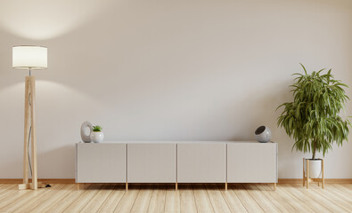 Mockup white wall background,Modern living room decor with a tv cabinet- 3D rendering