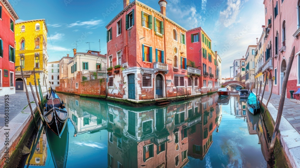 Poster A dynamic view of the vibrant canals and historic architecture of Venice with gondolas floating and colorful buildings reflecting in the water, canal setting with bright pastels and deep blues