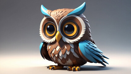 Obraz premium Cute cartoon owl with big eyes and blue wings, isolated on a grey background.