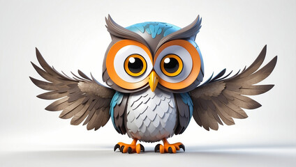 Obraz premium Cute cartoon owl with big eyes and outstretched wings, isolated on white background.