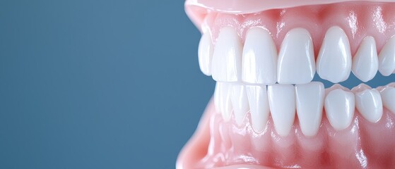 Obraz premium Close-up of healthy teeth and gums, showcasing a bright smile against a blurred background.