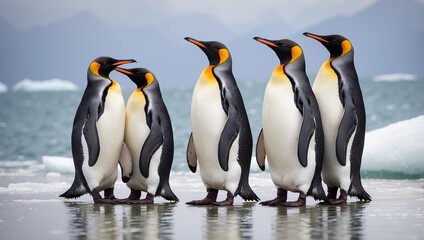 Obraz premium Five King Penguins stand in a line on a beach with ice floes in the background.