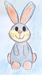 Obraz premium A cute, easy drawing of a rabbit for kids, with a round face, big floppy ears, and a tiny nose. The rabbit has simple oval eyes and a happy smile, sitting with small paws and a fluffy tail.