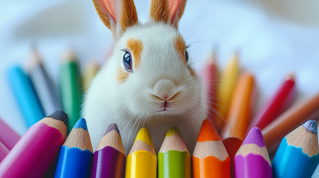 A cute, easy drawing of a rabbit for kids, with a round face, big floppy ears, and a tiny nose. The rabbit has simple oval eyes and a happy smile, sitting with small paws and a fluffy tail.