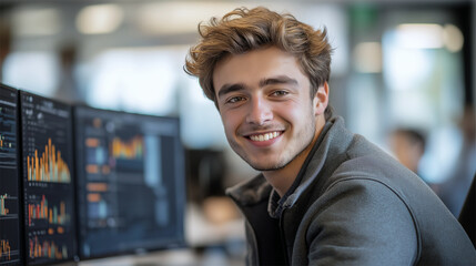Obraz premium Young male analyst in modern office, smiling while working on financial data with multiple monitors. 