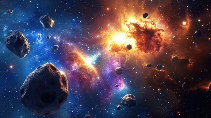 Fototapeta premium A dynamic scene of asteroids hurtling through space toward a vibrant galaxy, with glowing energy and cosmic dust surrounding them