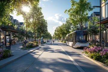 A sustainable urban neighborhood with car-free zones, electric public transport, and pedestrian-friendly walkways lined with native trees and flowering plants.