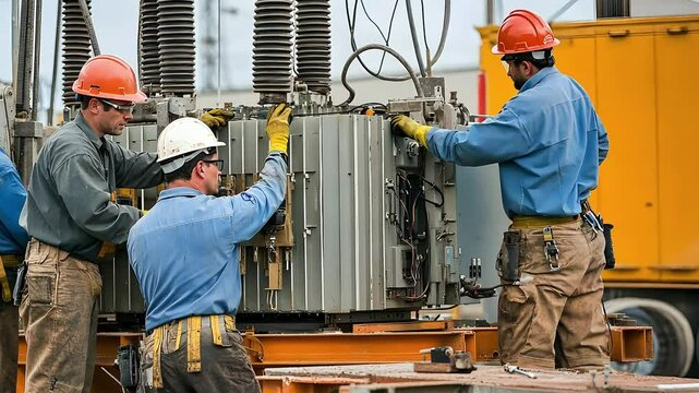Workers are assembling or maintaining electrical equipment, showcasing teamwork and safety in an industrial environment.