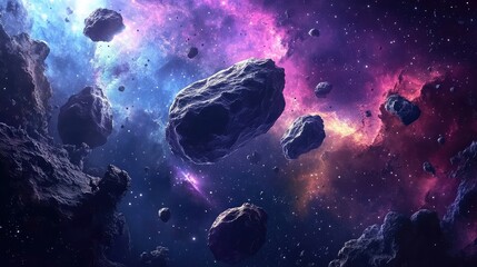 A galactic scene where glowing asteroids fly past a distant galaxy, their rocky surfaces illuminated by the colorful light of stars and nebulae