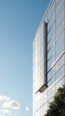 Obraz premium A minimalist sign is mounted on a modern office building under a clear sky