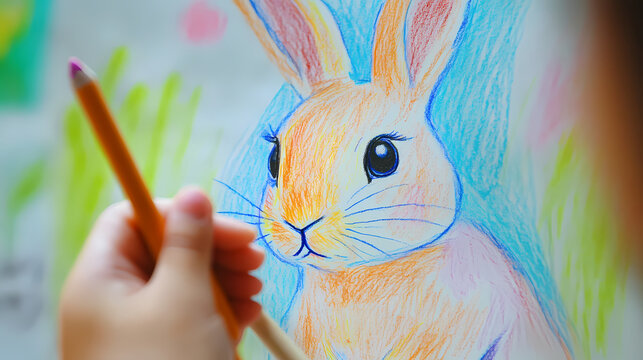 A cute, easy drawing of a rabbit for kids, with a round face, big floppy ears, and a tiny nose. The rabbit has simple oval eyes and a happy smile, sitting with small paws and a fluffy tail.