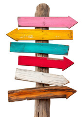 Colorful beach sign, wooden arrow signs pointing in various directions on transparent background cutout. PNG file. Mockup template for artwork design.