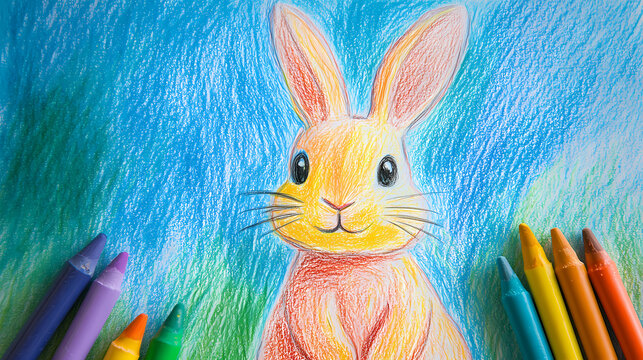 A cute, easy drawing of a rabbit for kids, with a round face, big floppy ears, and a tiny nose. The rabbit has simple oval eyes and a happy smile, sitting with small paws and a fluffy tail.