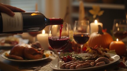 A hand pouring red wine into a glass at a Thanksgiving dinner table with a roasted turkey, sausages, and pumpkins.