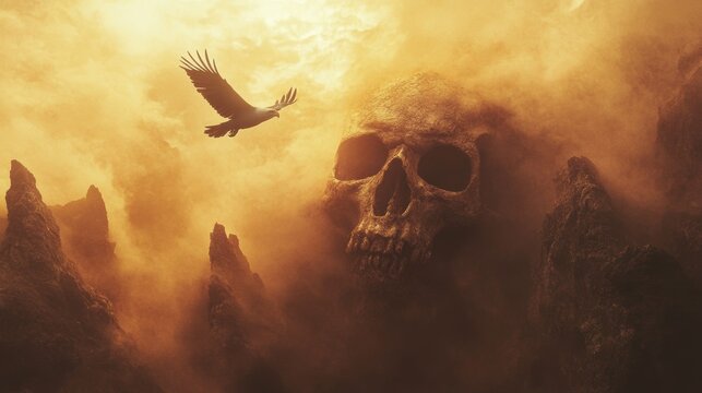 Rocky mountain in the shape of a human skull with an eagle flying. Fantasy theme. Halloween poster.