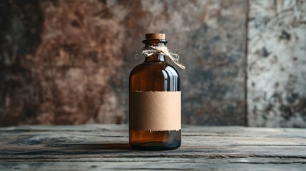 Blank mockup template of a product label wrapped around a vintage glass bottle with soft shadows and a rustic background.