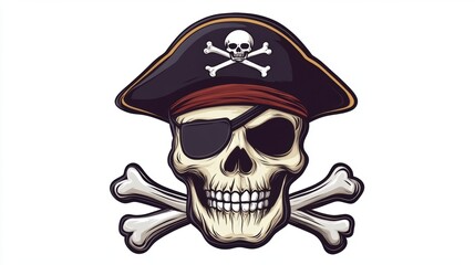 Closeup view of skull wearing pirate captain cap with crossing bone. The decoration element for Halloween.
