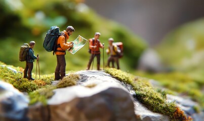 Miniature hikers navigate mossy terrain.