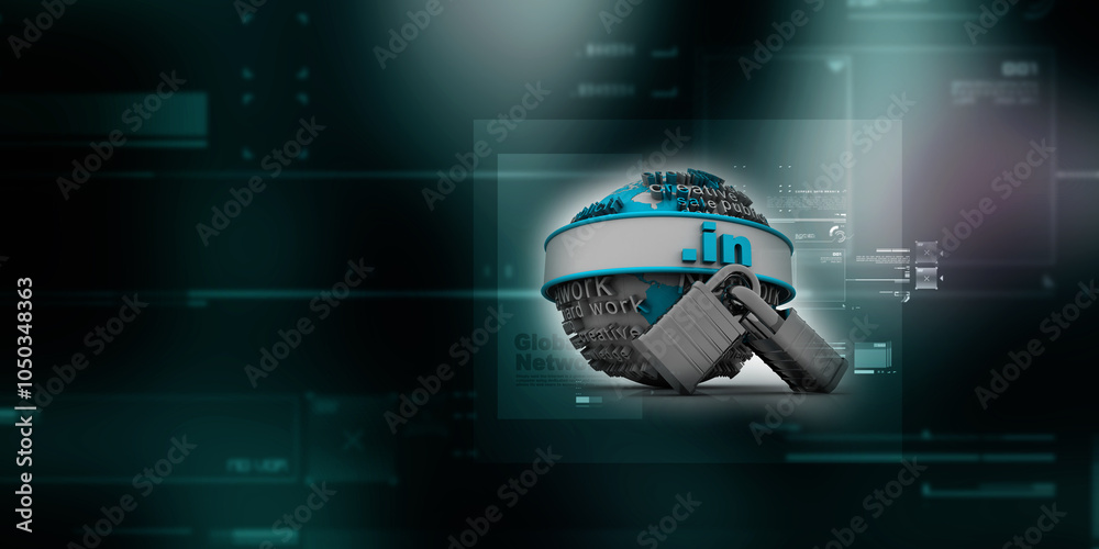 Poster 3d rendering globe with dot in protected lock