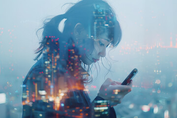 Obraz premium Double exposure of a businesswoman holding a smartphone with a cityscape in the background.