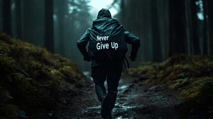 Man running through a forest, determined.