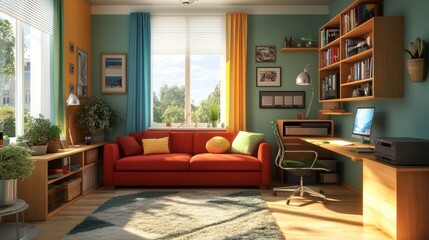Bright living room interior with a red sofa, green accents, and a home office corner with wooden shelves