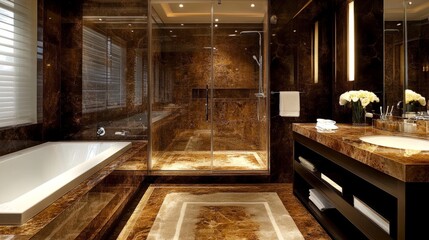 Contemporary bathroom with rich wood cabinets, polished marble surfaces, a walk-in glass shower, and a sleek tub.