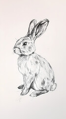 Obraz premium A cute, easy drawing of a rabbit for kids, with a round face, big floppy ears, and a tiny nose. The rabbit has simple oval eyes and a happy smile, sitting with small paws and a fluffy tail.