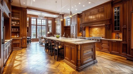 Contemporary kitchen design with rich walnut parquet flooring, natural wood cabinetry, and a marble-topped island.