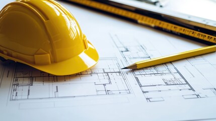 Architectural design plan on table. Construction workspace with yellow safety helmet,ruler and pencil placed on top of architectural blueprints. Construction plan for building project