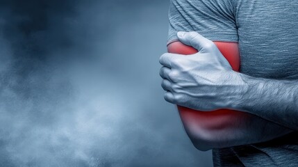 Close-up of a hand gripping an upper arm with a glowing red highlight, hinting at muscle strain or fatigue, against a grayscale background