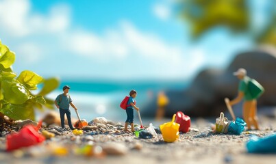 Miniature people cleaning up a beach.