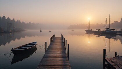 A serene dock enveloped in thick morning fog, with silhouettes of boats appearing mysteriously in the distance, creating an ethereal atmosphere, Generative AI