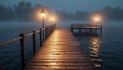 Fototapeta premium An old wooden dock shrouded in swirling mist, reflecting the soft glow of lanterns and casting enchanting shadows on the water's surface, Generative AI