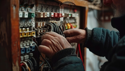 Fototapeta premium Electrician Doing Maintenance Of Electricity Fuse Box