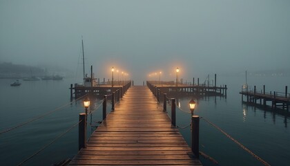 Fototapeta premium A captivating dock in a foggy bay, where the outlines of distant ships are barely visible, creating an air of mystery and intrigue, Generative AI