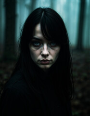 Serious woman with black hair and green eyes, in the forest