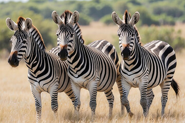 Fototapeta premium Three zebras standing in a field, looking towards the camera.