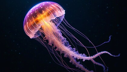 Obraz premium A mesmerizing luminescent jellyfish floats gracefully in the dark depths, illuminating the abyss with its vibrant colors, serving as a guardian of the ocean's mysteries, Generative AI