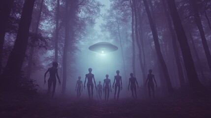 Naklejka premium A group of humanoid figures in a misty forest under a hovering UFO.