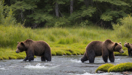 Obraz premium Two brown bears wade through a shallow river with a third bear in the background.