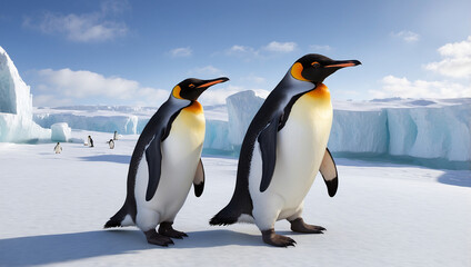 Obraz premium Two emperor penguins stand on a snowy landscape, a small group of penguins in the background.