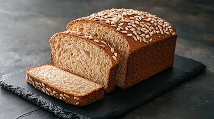Rye flour bread with sunflower seeds, sliced on a black mica board on a dark background. High quality photo
