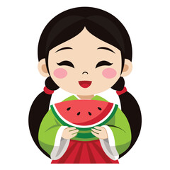 Japanese Girl Eating Watermelon - Fresh Summer Fruit Snack