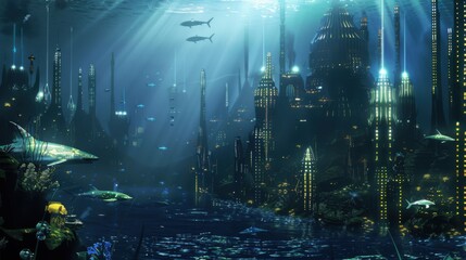 Naklejka premium A futuristic underwater city with illuminated buildings and marine life, Sci-fi setting with underwater civilization, Futuristic style