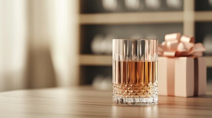 A crystal glass filled with amber liquid sits on a wooden table next to a gift box adorned with a ribbon, suggesting a celebratory atmosphere.
